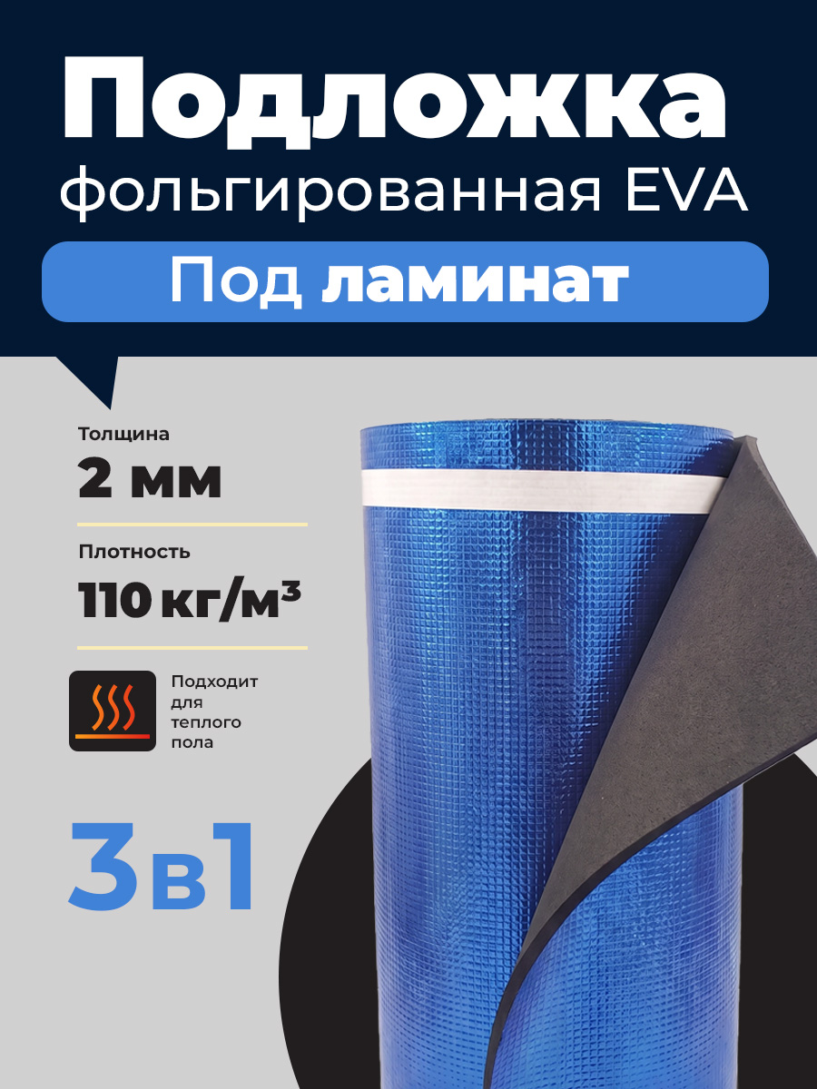 Подложка фольгированная EVA под ламинат 2 мм, рулон 11м2
